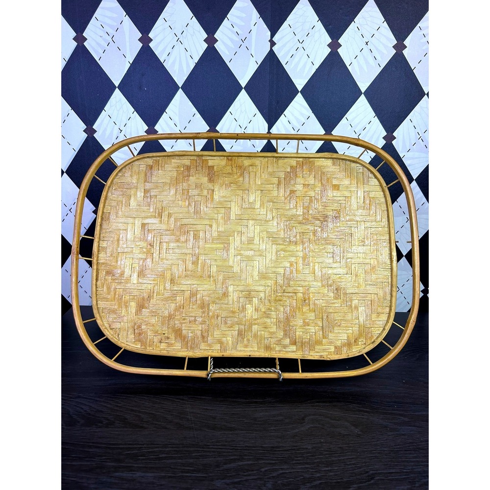 Vintage Woven Bamboo Tray Rattan Gallery Edge 19x14 Inch - Picture 9 of 15